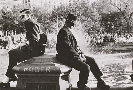 Two Men Sitting Back to Back Near Washington Square Park Fountain, Untitled 9 1964