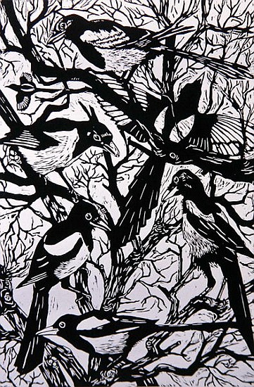 Magpies, 1997 (woodcut)  von Nat  Morley