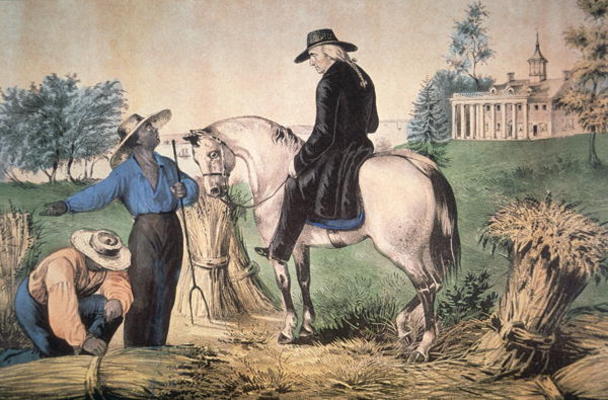George Washington (1732-99) on his Mount Vernon estate with his black field workers in 1757, publish von Nathaniel Currier