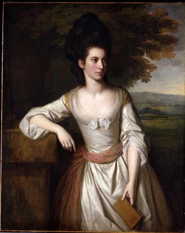 Mrs. Vere in einem weißen Kleid mit pinker Schleife, ein Buch in ihrer Linken haltend, eine Landscha von Nathaniel Dance