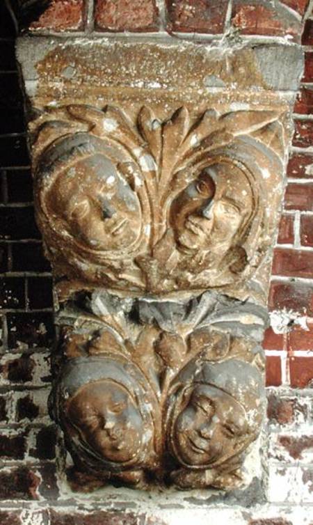 Carved capital depicting four faces, from the south portal von Netherlandish School
