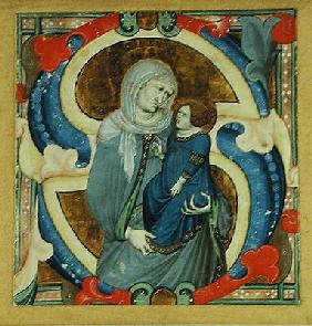 Historiated initial 'S' depicting St. Anne and the Virgin (vellum) 1912