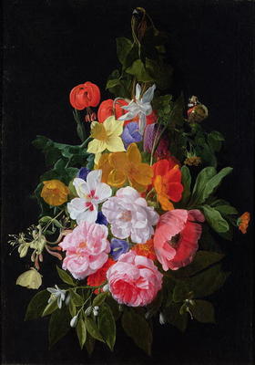 A Swag of Roses and other Flowers Hanging from a Nail (oil on canvas) von Nicholaes van Verendael