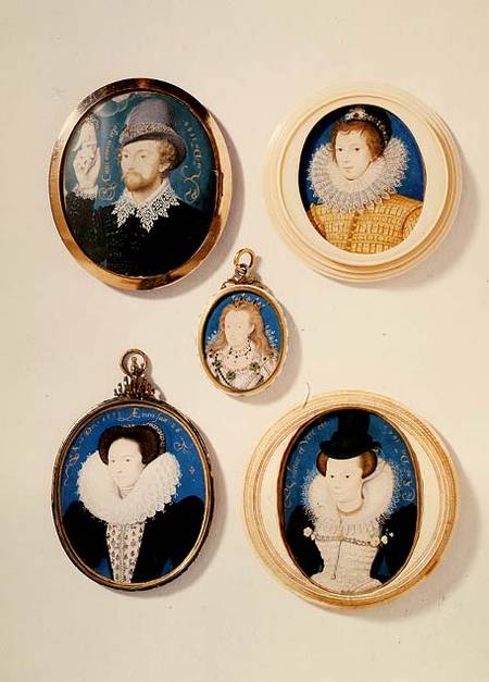 Miniatures, from L to R, T to B: Man with a Hand from a cloud; Unknown Young Man, 1588; Mrs Holland von Nicholas Hilliard