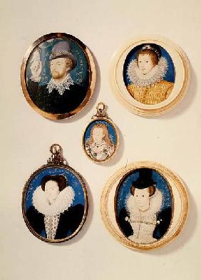 Miniatures, from L to R, T to B: Man with a Hand from a cloud; Unknown Young Man, 1588; Mrs Holland Duchess of