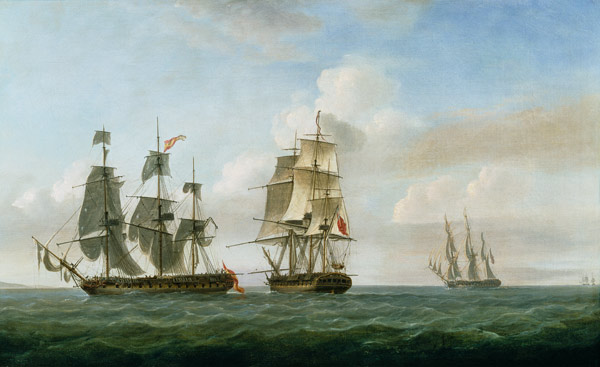 The Spanish frigate 'La Fama' having outsailed the 'Medusa' engages with and surrenders to H.M.S. 'L von Nicholas Pocock