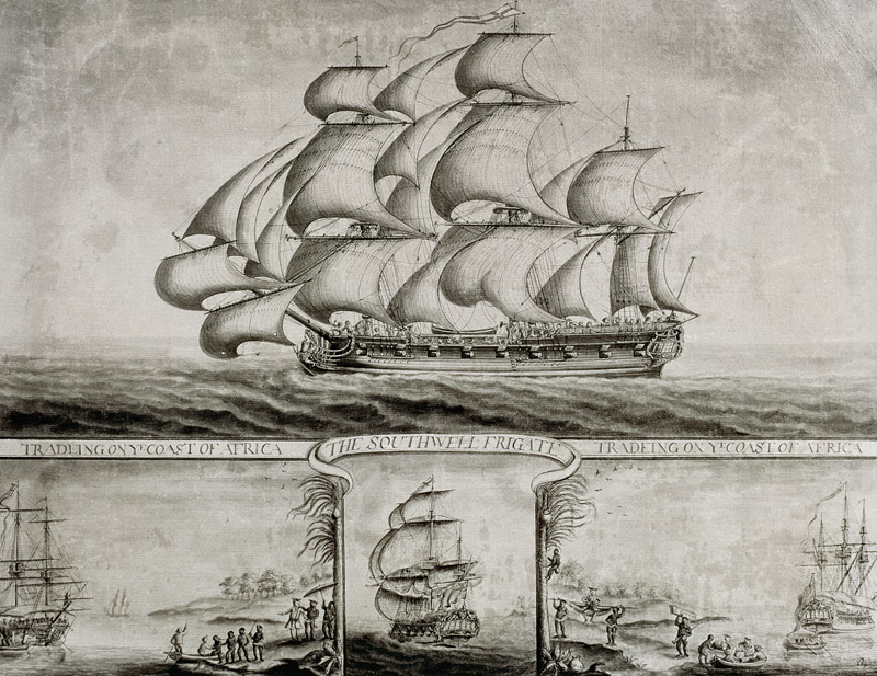 View of the Southwell Frigate Trading on the Coast of Africa, c.1760 (pen & ink and wash) von Nicholas Pocock