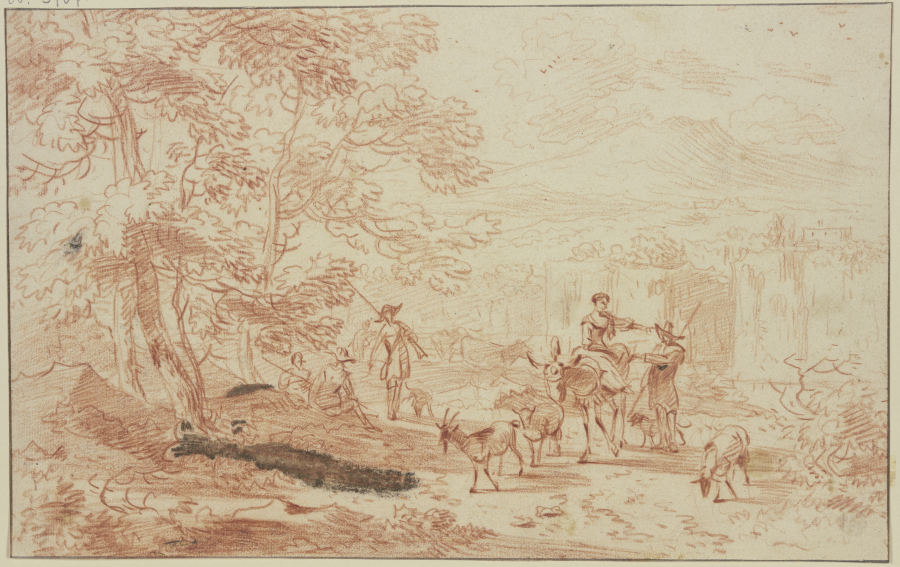 Am Saum eines Waldes lagern Jäger, dabei ein Hirte und eine Hirtin auf einem Esel mit zwei Schafen u von Nicolaes Berchem