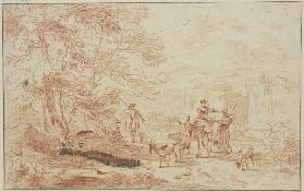 Am Saum eines Waldes lagern Jäger, dabei ein Hirte und eine Hirtin auf einem Esel mit zwei Schafen u