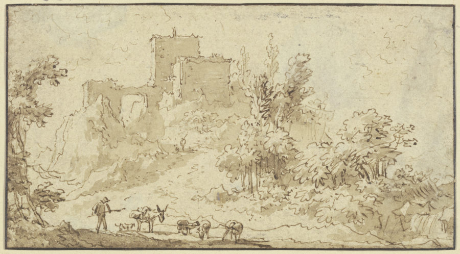 Burgruine, vorne ein Hirte mit Eseln und Schafen von Nicolaes Berchem
