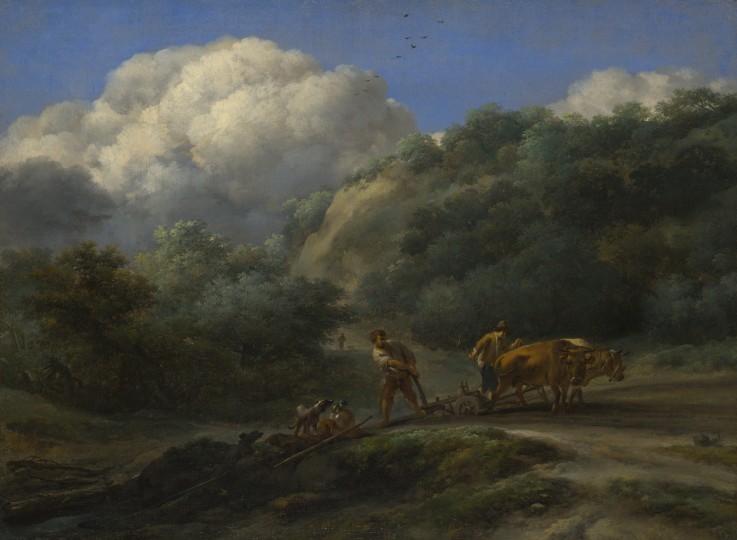 Ein Mann und ein Junge pflügen mit Ochsen von Nicolaes Berchem