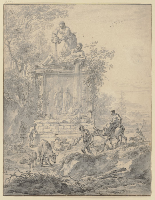Großes Monument, darauf ein Flußgott und eine Frau, Wasser aus Urnen gießend, davor Hirten mit Vieh von Nicolaes Berchem