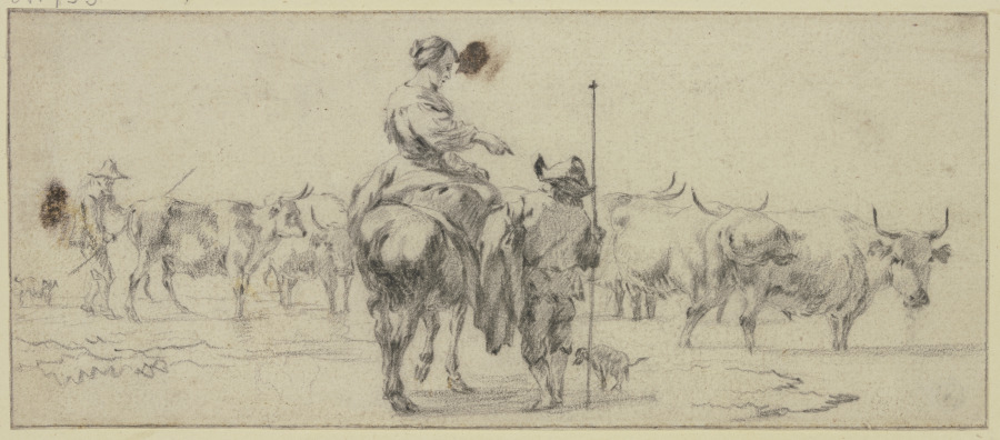 Hirtin zu Pferde, zwei Hirten zu Fuß, bei einer Kuhherde von Nicolaes Berchem
