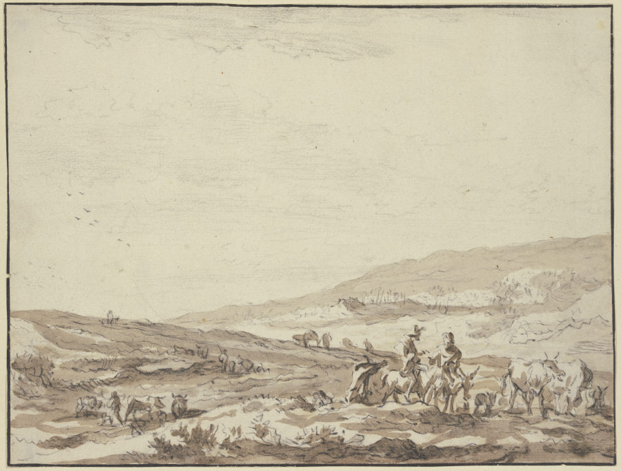 Hügelige Gegend, rechts Hirte und Hirtin auf Eseln reitend mit Vieh von Nicolaes Berchem