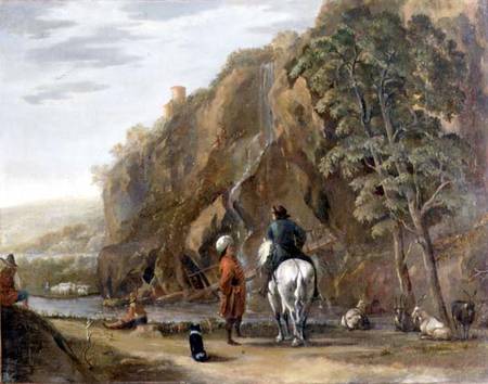 Italianate landscape with figures and a horse on a road von Nicolaes Berchem