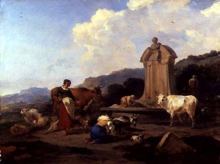 Roman Fountain with Cattle and Figures (Le Midi) von Nicolaes Berchem