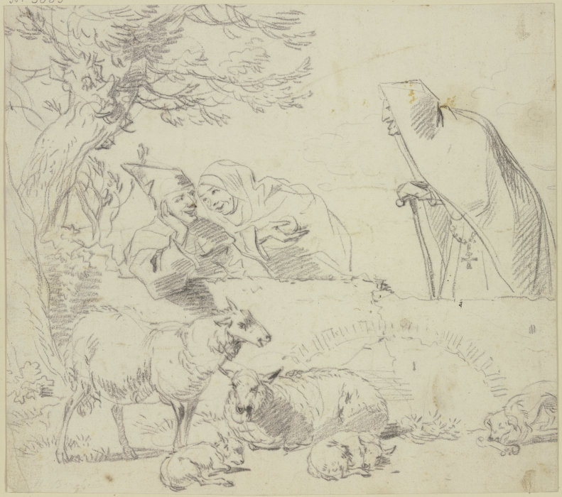 Zwei Nonnen bei einem Hirten, dabei zwei alte und zwei junge Schafe und ein Hund von Nicolaes Berchem