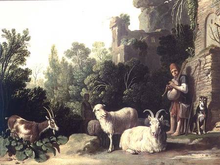 Goatherd playing the bagpipes (panel) von Nicolaes  Cornelisz Moeyaert