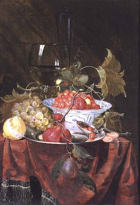 Still life with wild strawberries, plums, grapes and a lemon on a draped ledge von Nicolaes Van Gelder