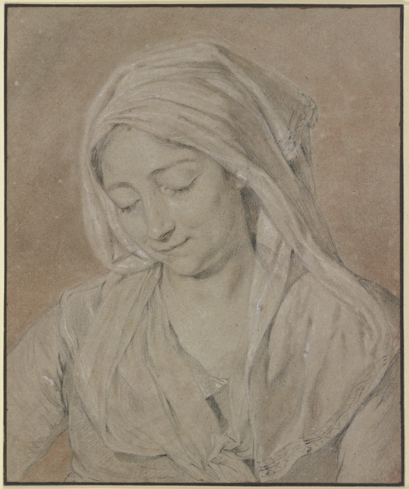 Brustbild einer niederblickenden Frau mit Kopftuch von Nicolas-Bernard Lepicie