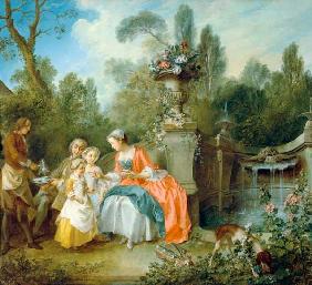 Eine Dame im Garten, die mit einigen Kindern Kaffee trinkt 1742