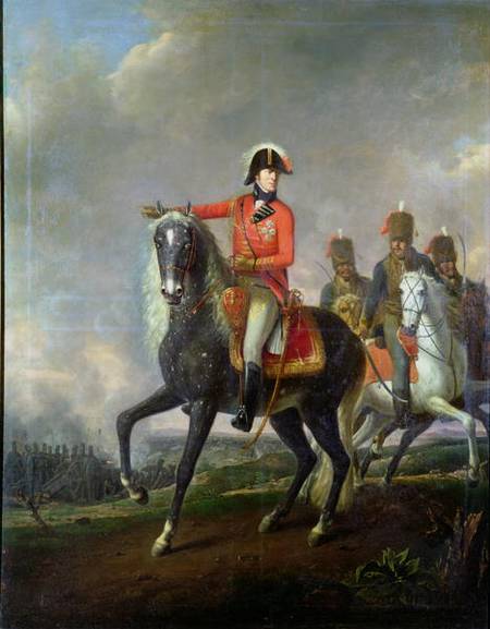 Equestrian portrait of the Duke of Wellington with British Hussars on a battlefield von Nicolas Louis Albert Delerive