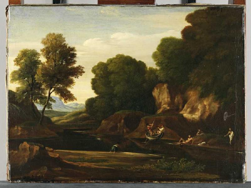 Landschaft mit Boot und Badenden von Nicolas Poussin