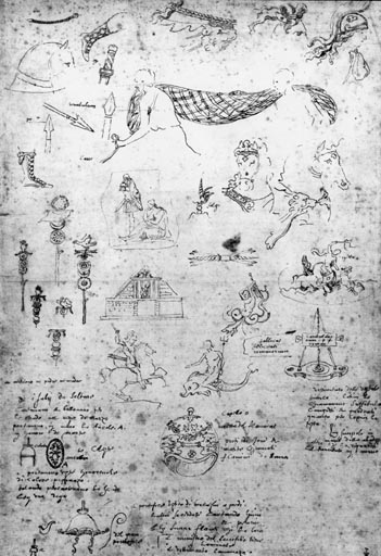 Studienblatt mit verschiedenen antiken Fragmenten und Gegenstaenden von Nicolas Poussin