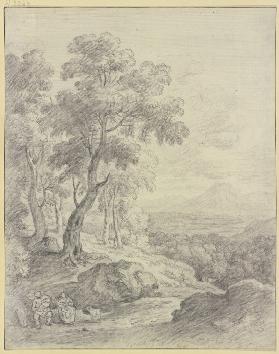 Landschaft mit Aussicht auf ein Gebirge, vorne auf einem Abhang sitzt ein Mann mit seiner Frau