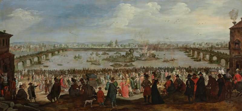 Die Schauschlacht zwischen der Weber- und der Färberzunft auf dem Arno in Florenz am 25. Juli 1619 von Niederländischer Meister um 1619