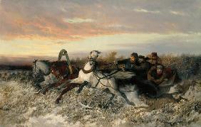 Pferdeschlitten, von Wölfen verfolgt 1860
