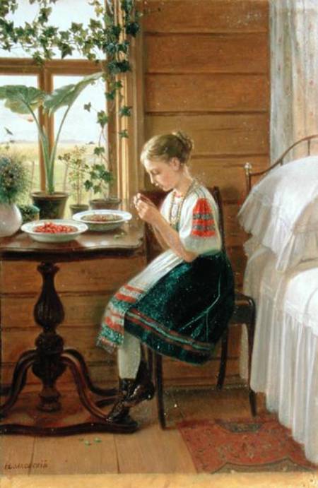 Girl Peeling Berries von Nikolai Mikhailovich Bykovsky