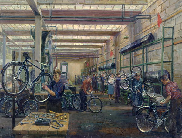 The Moscow Cycle Works, c.1930 (oil on canvas)  von Nikolay Vassilyevich Pinegin