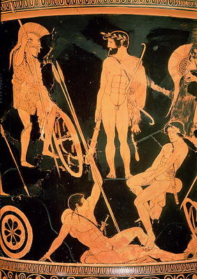 Herakles and Greek heroes, detail from an Attic red-figure calyx-krater, c.490 BC (pottery) (see als von Niobid Painter