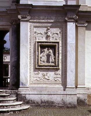 The first courtyard, detail of an antique low relief from the collection of Giulio III, incorporated von 