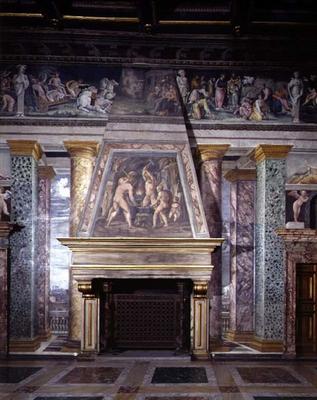 The 'Sala delle Prospettive' (Hall of Perspective) detail of fireplace decorated with a scene of the von 