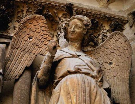 Detail of one of St. Nicaise's angels, Sculpture from exterior west facade, 14th century (stone) (se von 