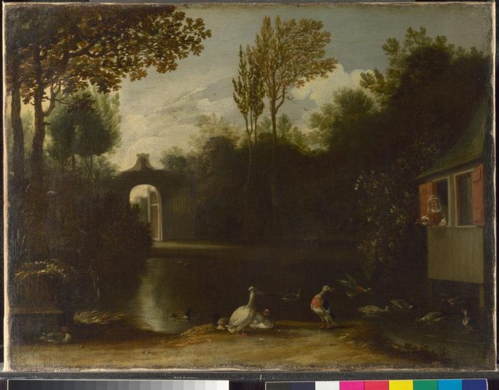 A woman appears to throw food to feed assorted waterfowl in a garden scene. von 