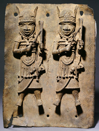 A Benin Bronze Plaque With Two Relief Figures, C von 