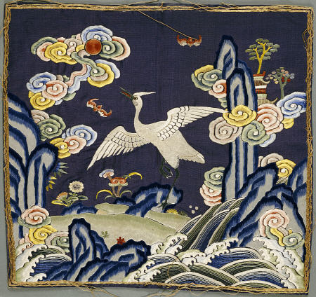 A Blue-Ground Embroidered Mandarin Square Depicting An Egret von 
