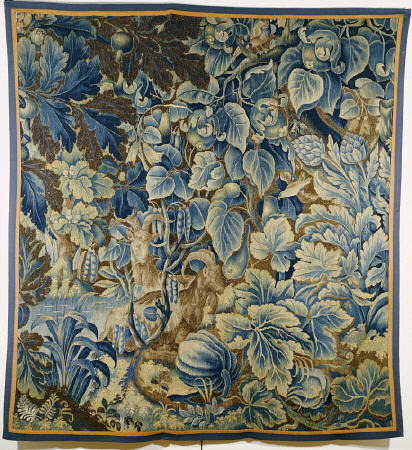 A Feuille De Choux Tapestry Woven In Blue And Brown With Two Goats And Birds Amongst Exotic Gourds A von 