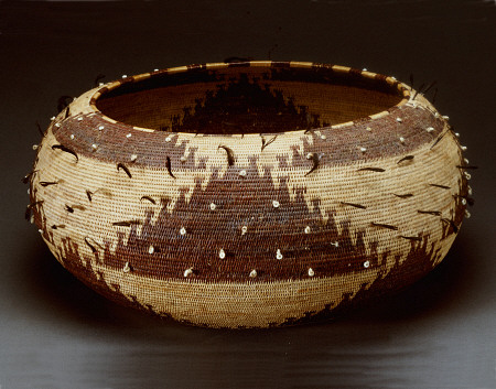 A Fine And Large Pomo Gift Basket Of Willow, Redbud And Sedge Root With Attached Quail Feathers And von 