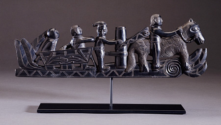 A Haida Argillite Ship Pipe Depicting A Ship, An Equestrian Scene And Various Scroll And Foliate Mot von 