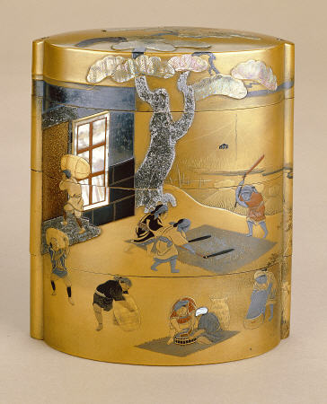 A Large Three Case Inro Inlaid With Mother Of Pearl And Lead Depicting Farmers In Rice Fields And Th von 