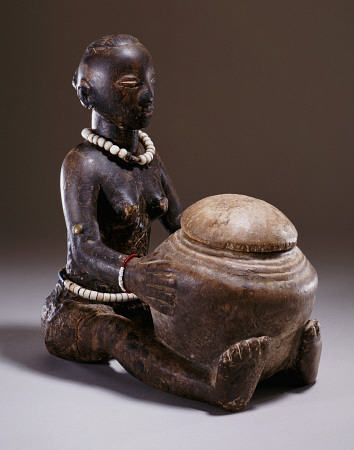 A Luba Figure Of A Seated Female Holding A Round Bowl von 