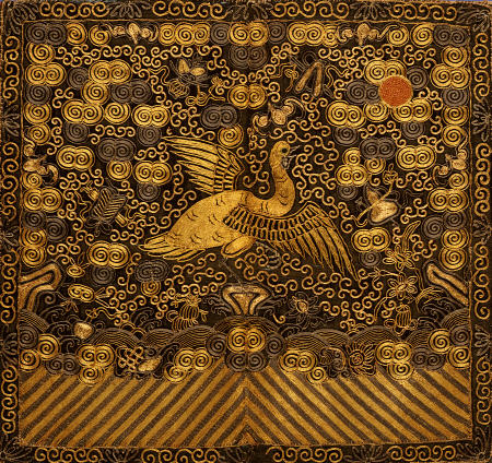 An Embroidered Silk Civil Badge Of Rank, With A Goose Flying Towards The Sun Amidst Daoist Symbols A von 