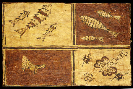 A Rare Melanesian Painted Bark Cloth Decorated With A Fowl, Exotic Butterflies And Fishes On Reddish von 