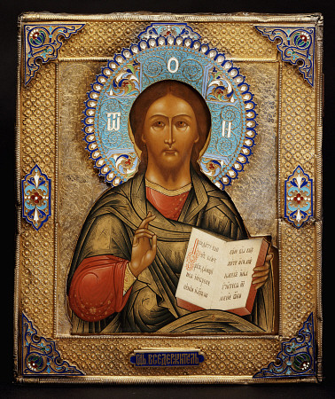 A Silver-Gilt And Cloisonne Enamel Icon Of Christ Pantocrater, The Oklad Marked Moscow, 1895, Assaym von 