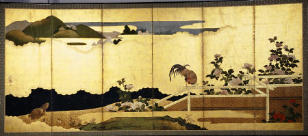 A Six-Panel Screen Painted In Ink, Colour And Gofun On Gold Paper With A Cockerel Perched On A Fence von 