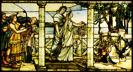 A Stained And Leaded Glass Window Depicting A Group Of Maidens, With A Lake Scene In The Background von 